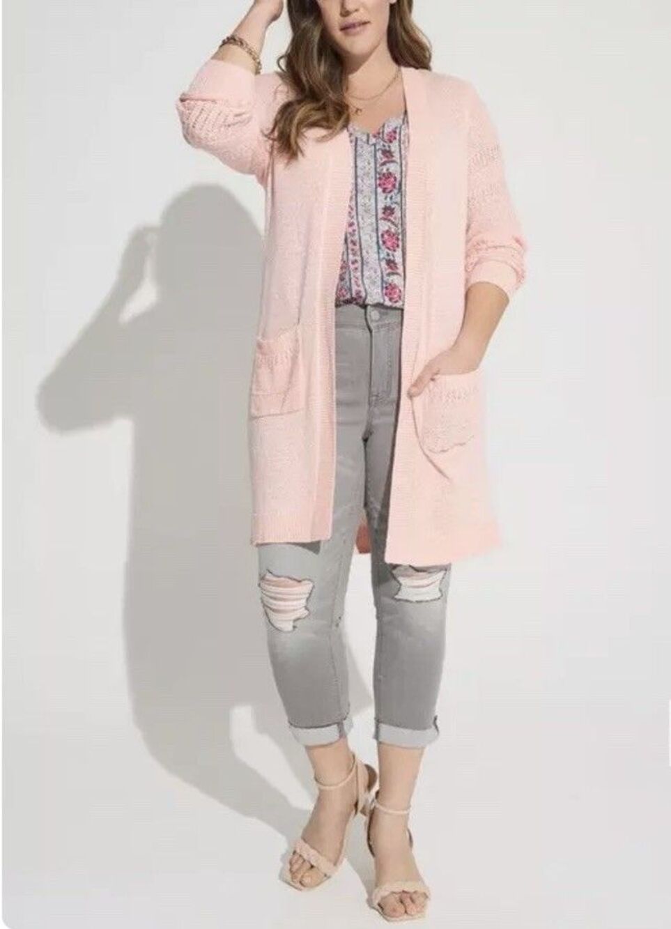 Torrid Duster Open Front Stitch Detail Sweater Pink Size 2